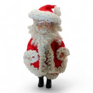 Vintage Handcrafted Santa Claus Figurine With Crocheted Red & White Outfit